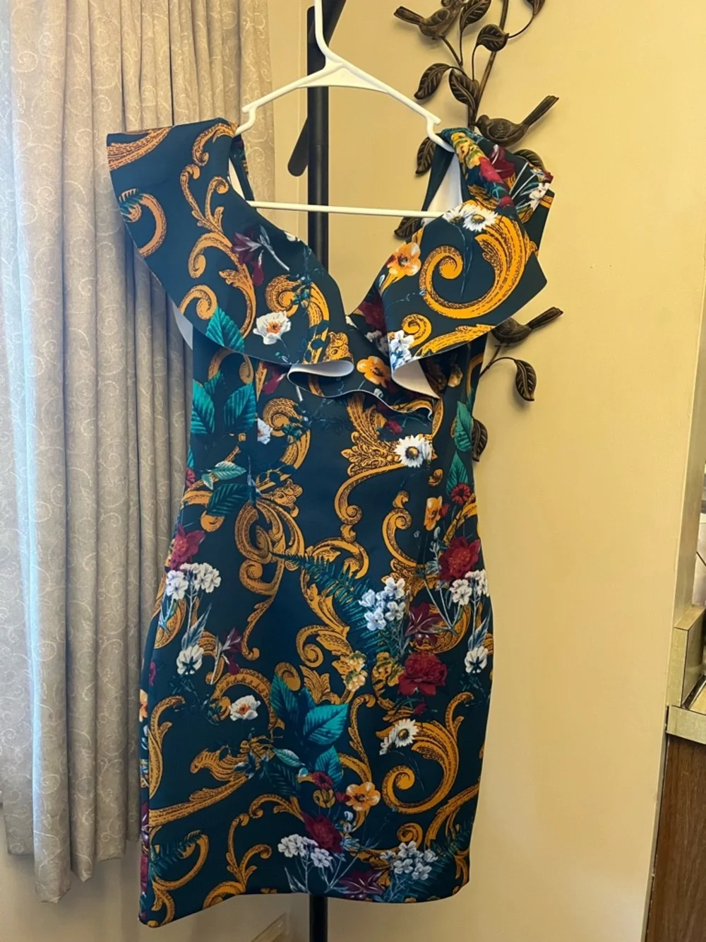 Guess Green One-Shoulder Floral Baroque Ruffle Dress - Picture 2 of 5